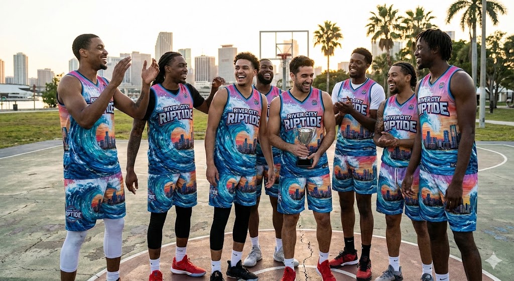 Team celebrating with custom gear